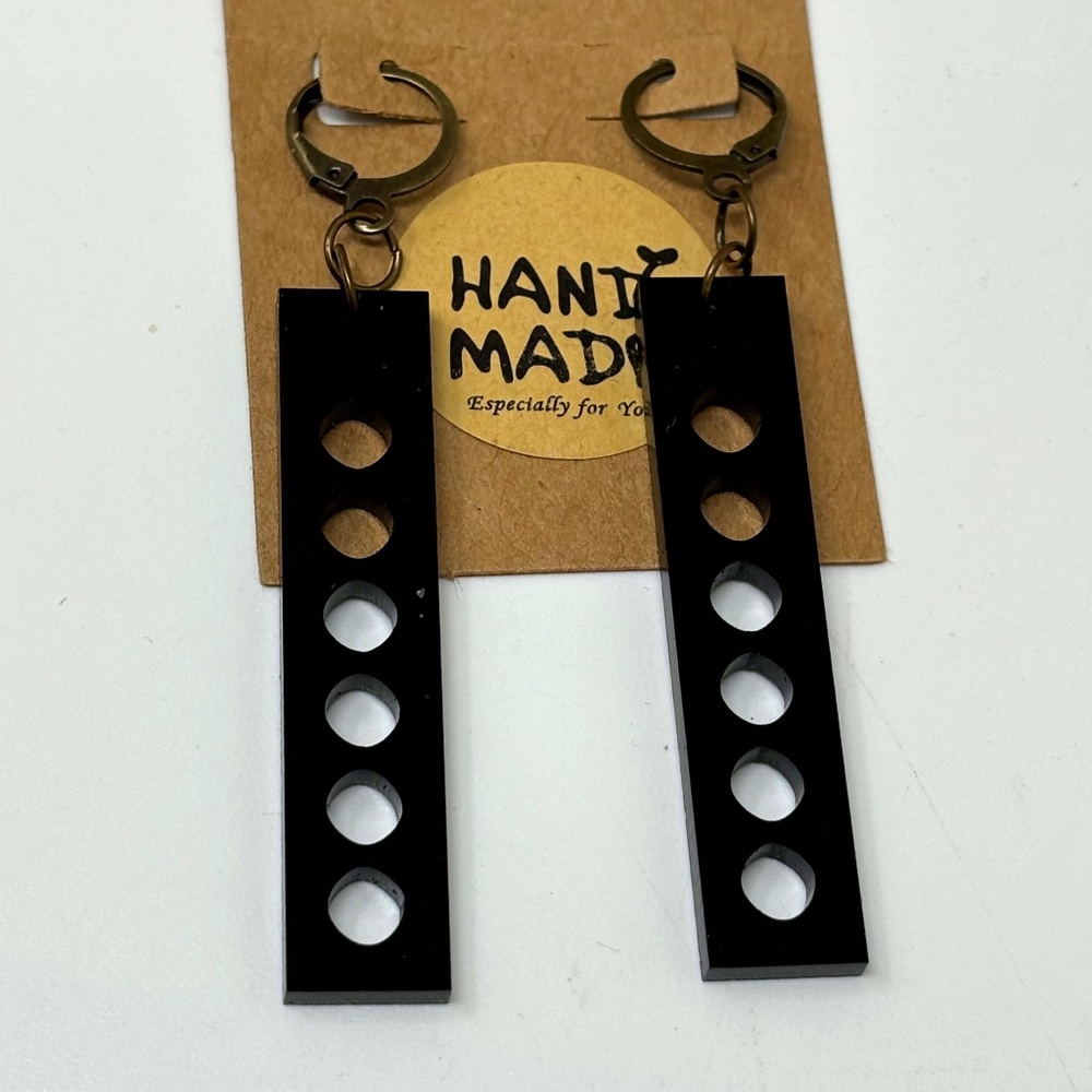 Handmade Dangle Earrings Black Acrylic Pierced Rectangles Bronze Tone Hoops